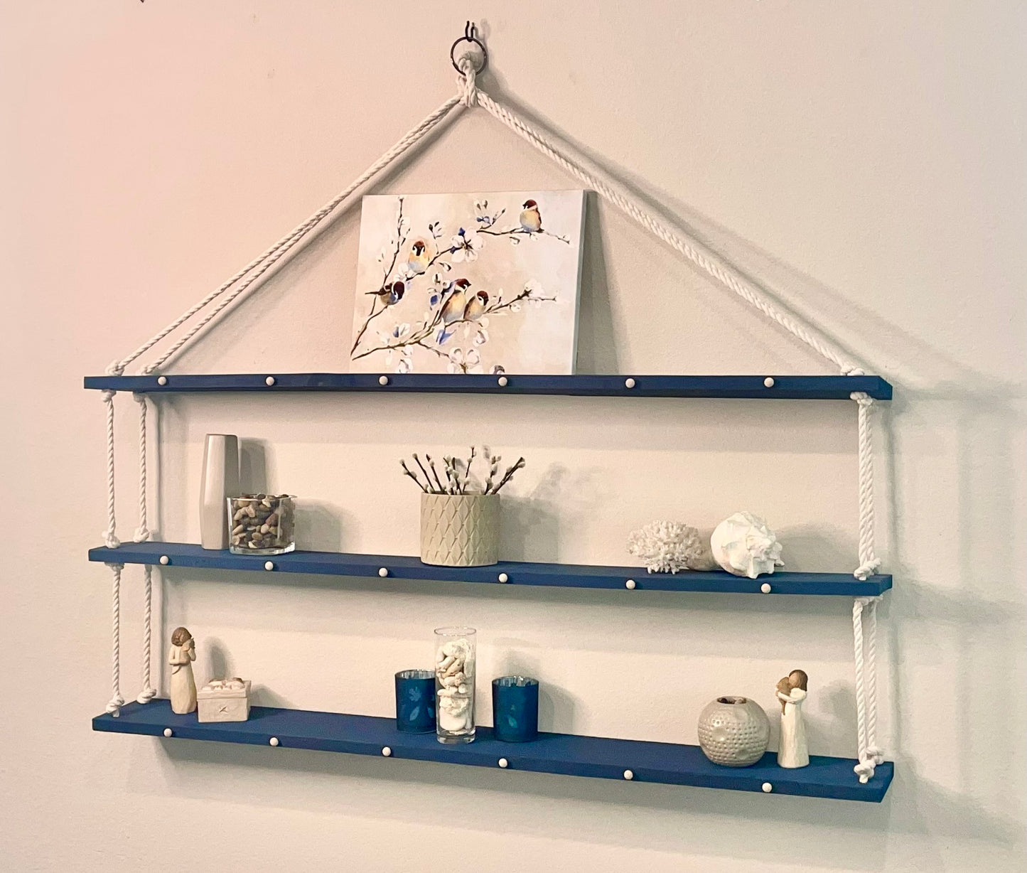Navy Blue with Velvet Stud Shelves and Cream Rope