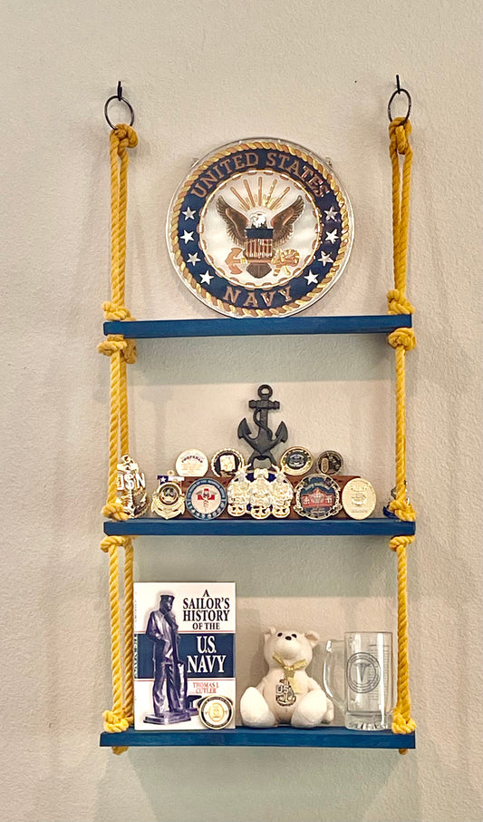 Navy Blue Shelves with Gold Rope